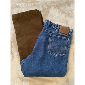 Wrangler Jeans Sz 40x32 Blue Denim‎ Brown Canvas Block Panel Heavy Duty Workwear